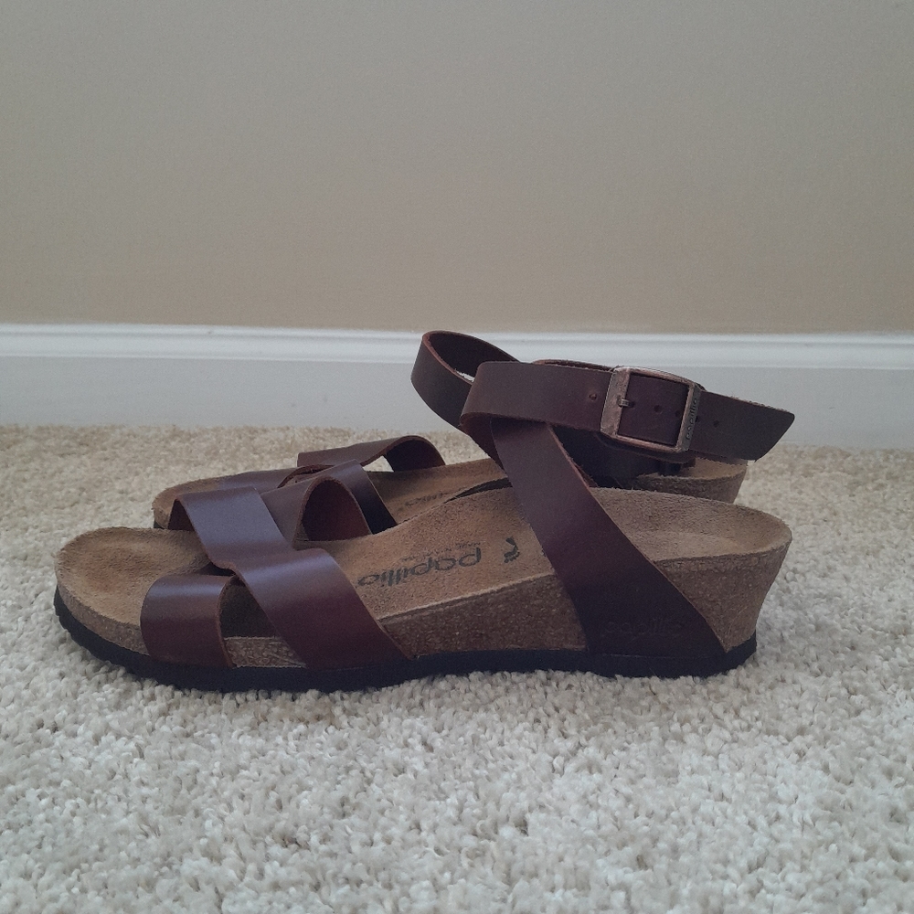 Papillio by Birkenstock Lola sandals brown leather low wedge women's 38